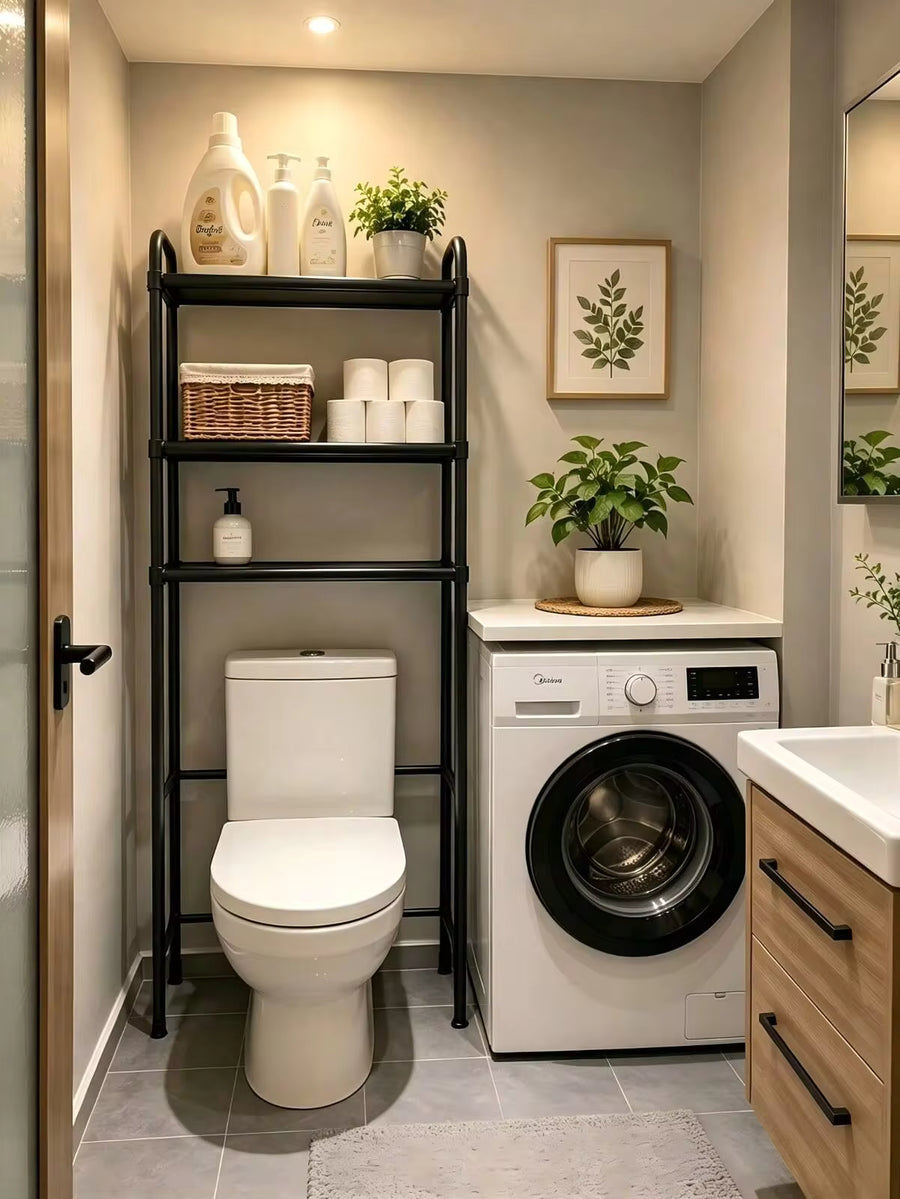 [Over The Toilet Storage Cabinet] No Drill 3-Tier Over Toilet Bathroom Organizer Metal Thickened PP Storage Rack Rustproof Space Saver For Small Bathroom Apartment Laundry Holds Towels Toiletries Black White 1pc